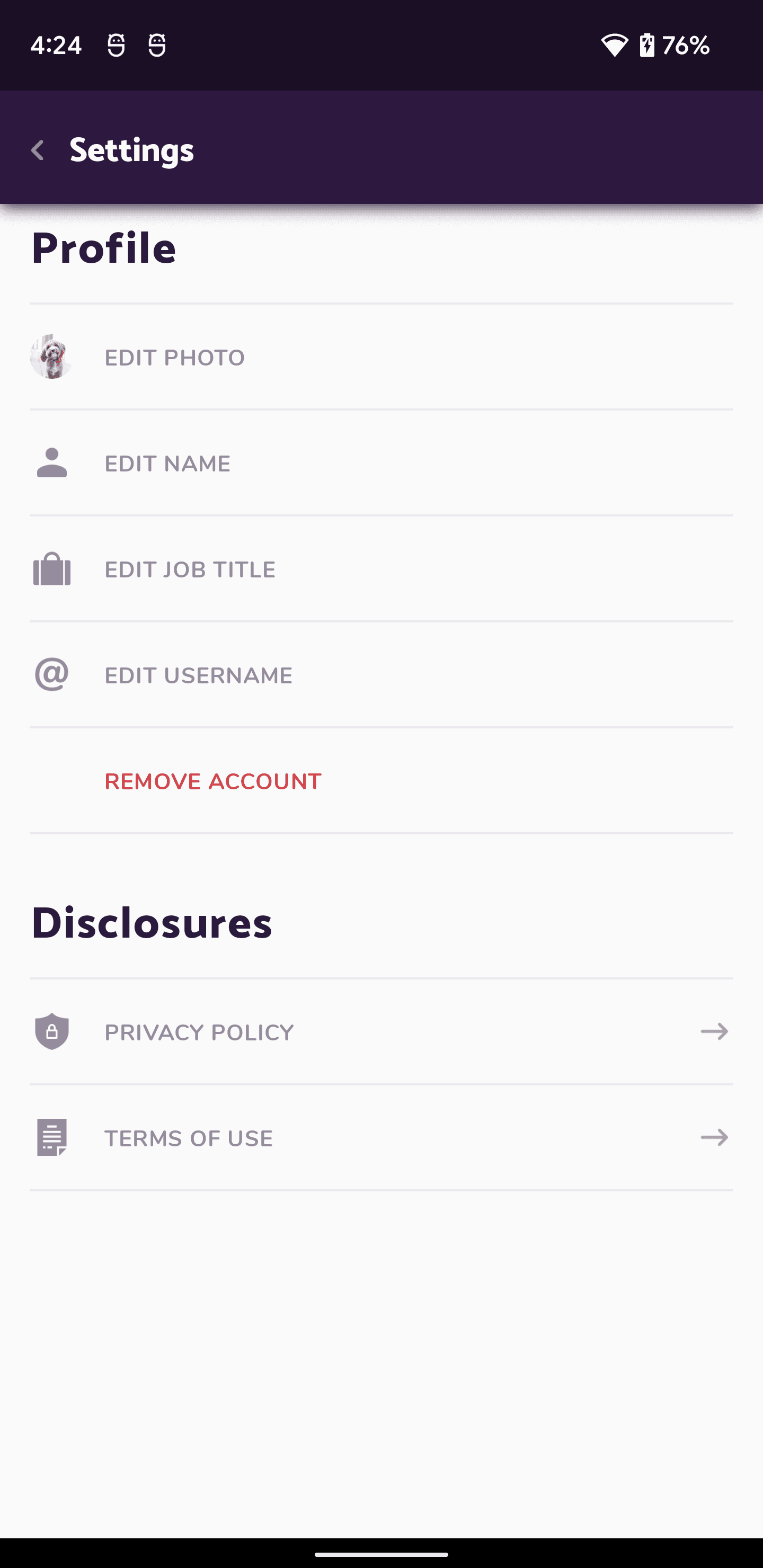 User profile and settings